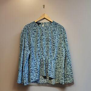 Alfani Womens Blouse Top Blue Abstract Print Long Sleeve Elastic Waist 0X